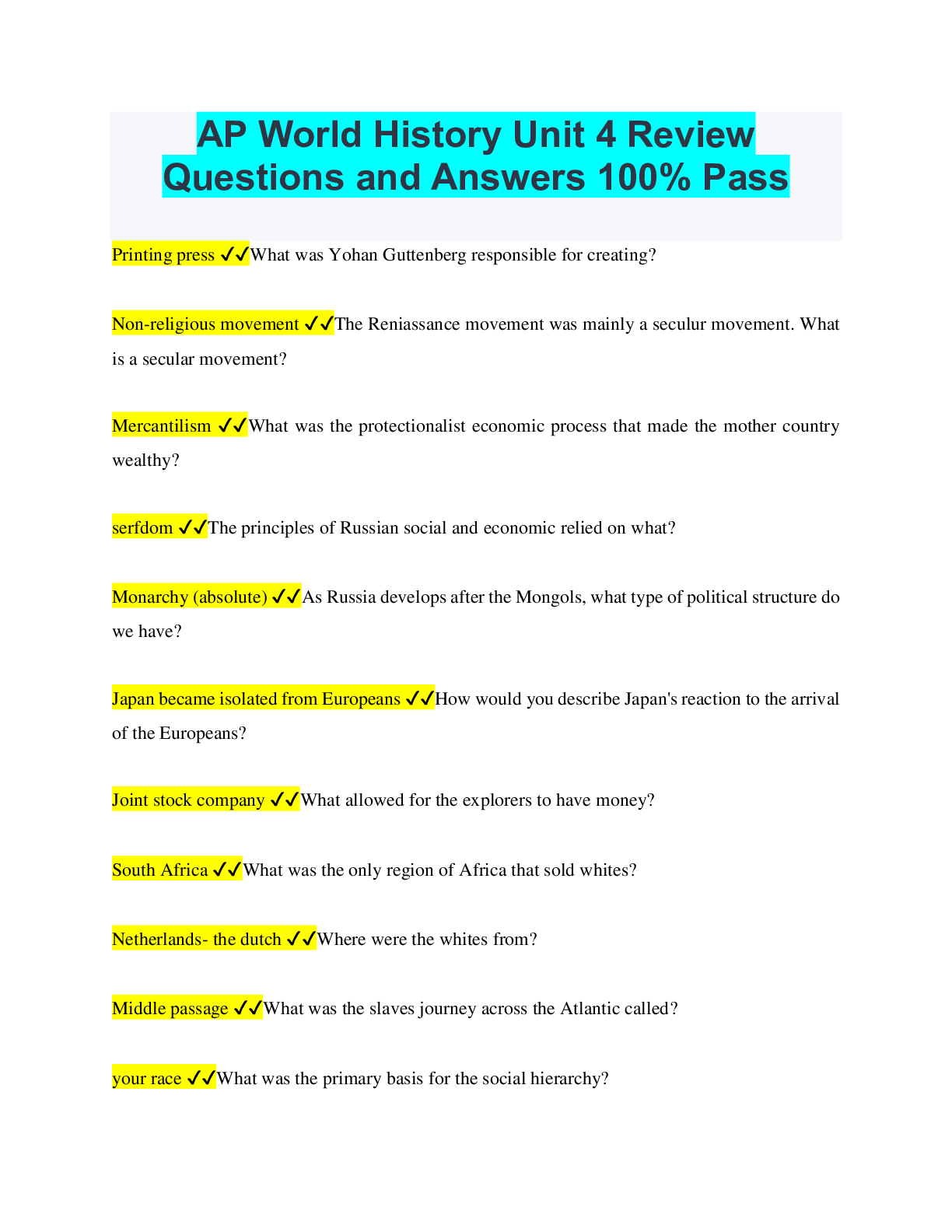 AP World History Unit 4 Review Questions and Answers 100 Pass